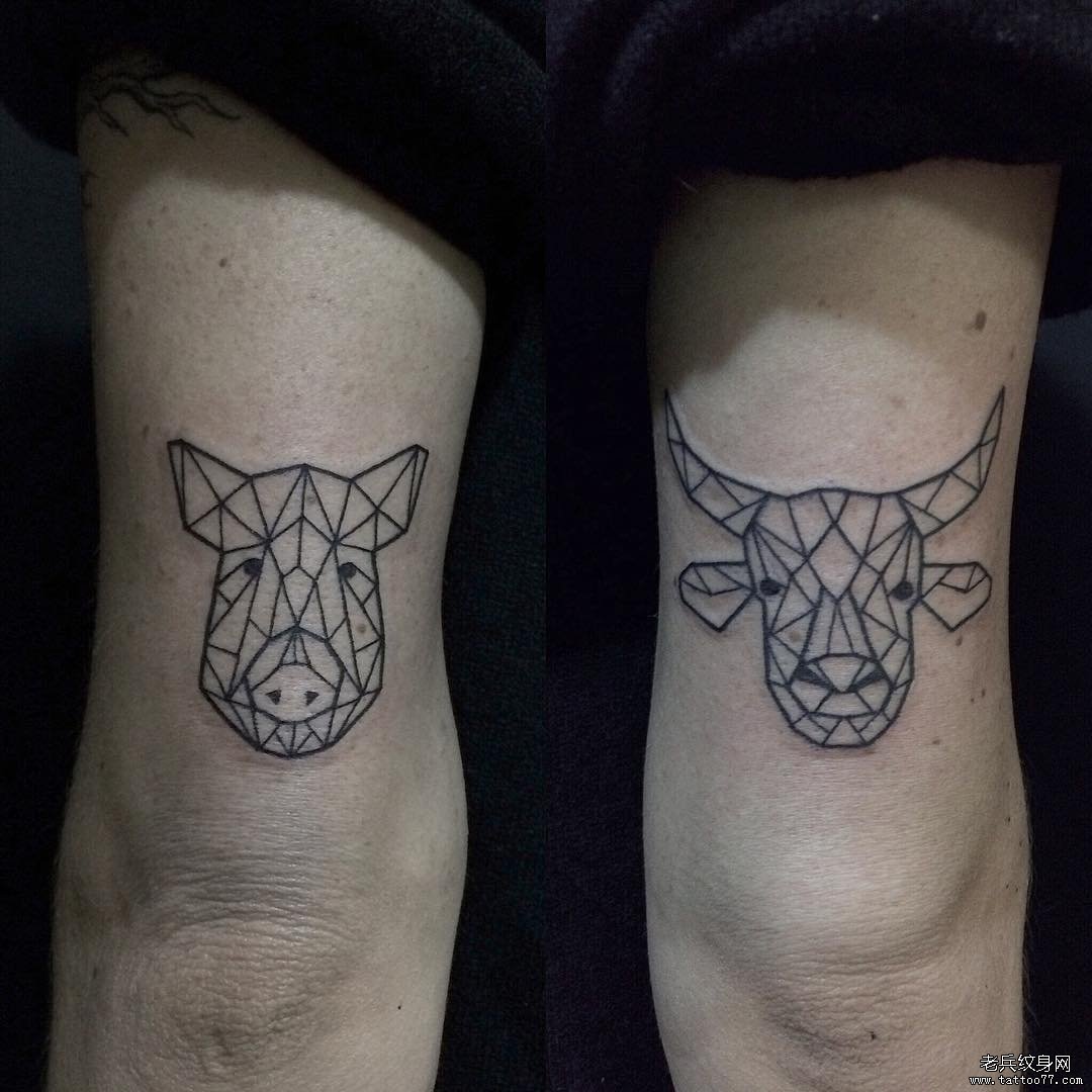 大臂几何线条猪牛纹身图案
