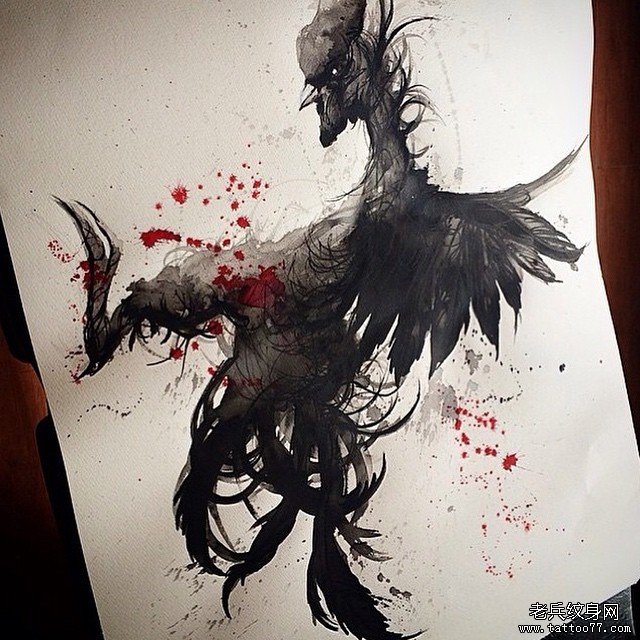 欧美school泼墨公鸡纹身图案手稿